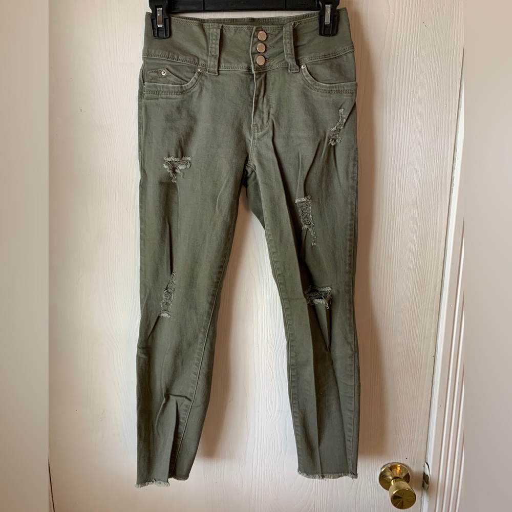 YMI Army Green Cropped Distressed Ankle Skinny Jeans, Size 5